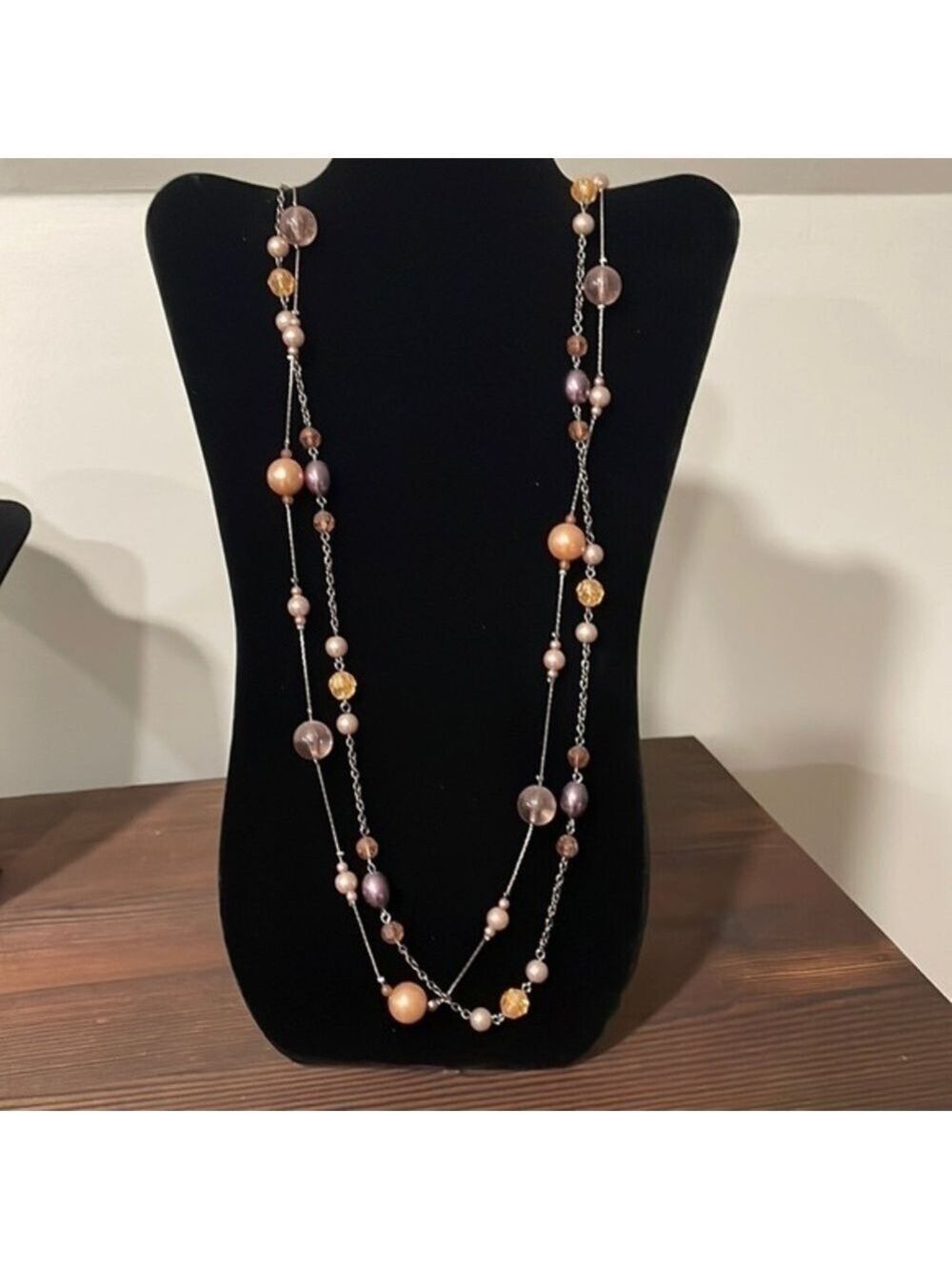 Purple and champagne gold color beaded long necklace